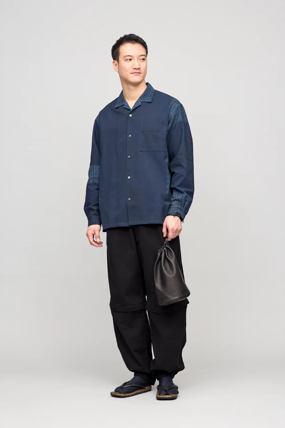 オープンカラー長袖シャツ / 片貝絞り / 七三 / 藍染め