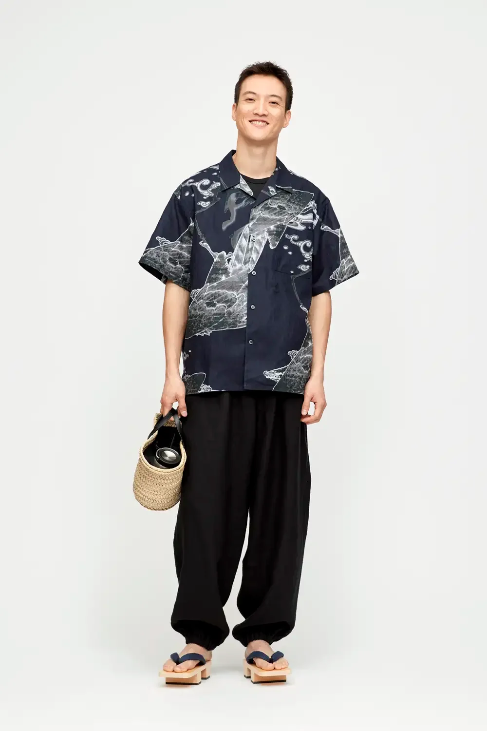 オープンカラー半袖シャツ / 型染め / 伊藤若冲 / 鷲図 / NAVY
